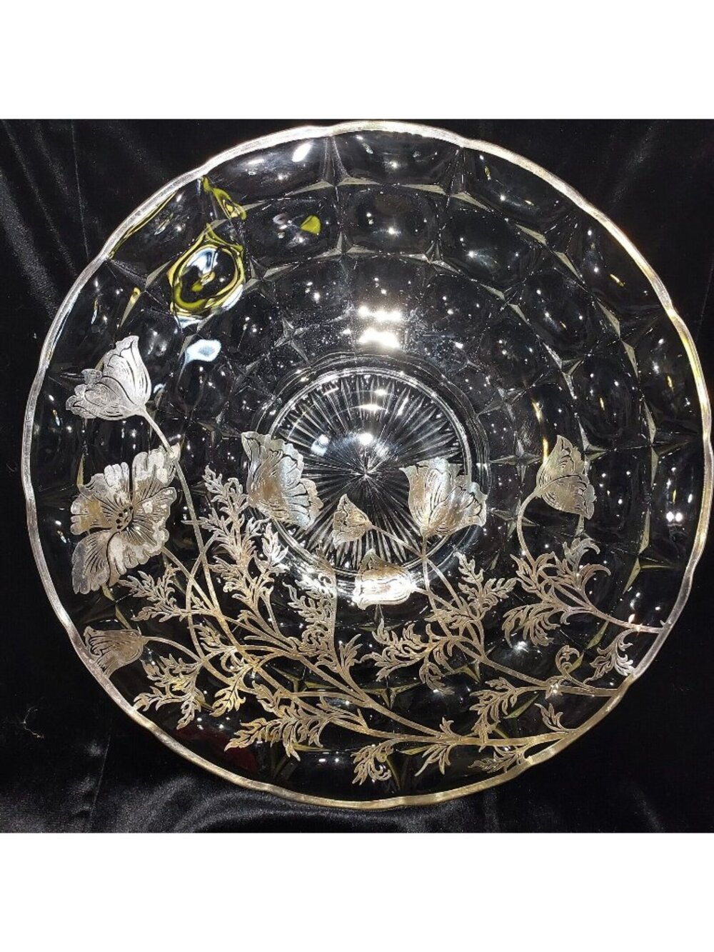 Cake Plate Flanders Clear Sterling Overlay Poppy Silver City Serving Platter 13"